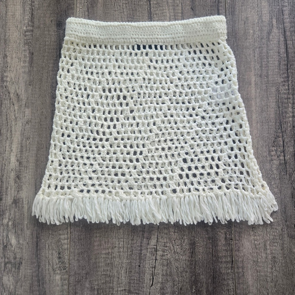 White Fox Crochet Mini Skirt Off White Fringe Mesh Beach Coverup Womens Size S/M